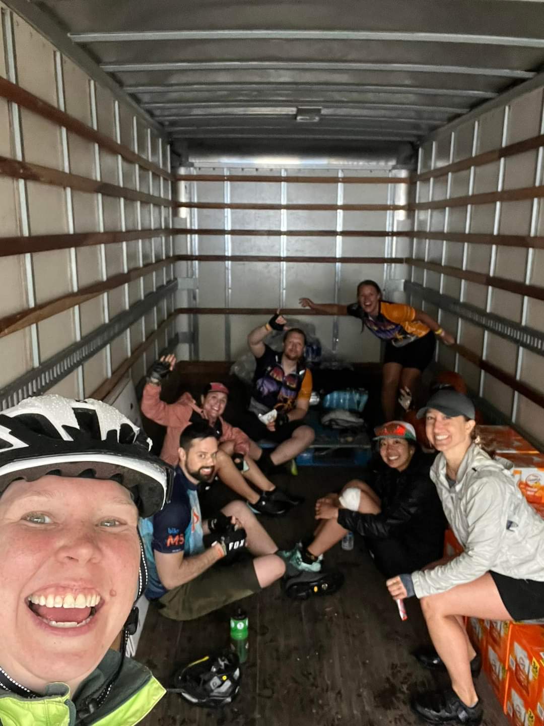 Team sheltering in a sag wagon truck