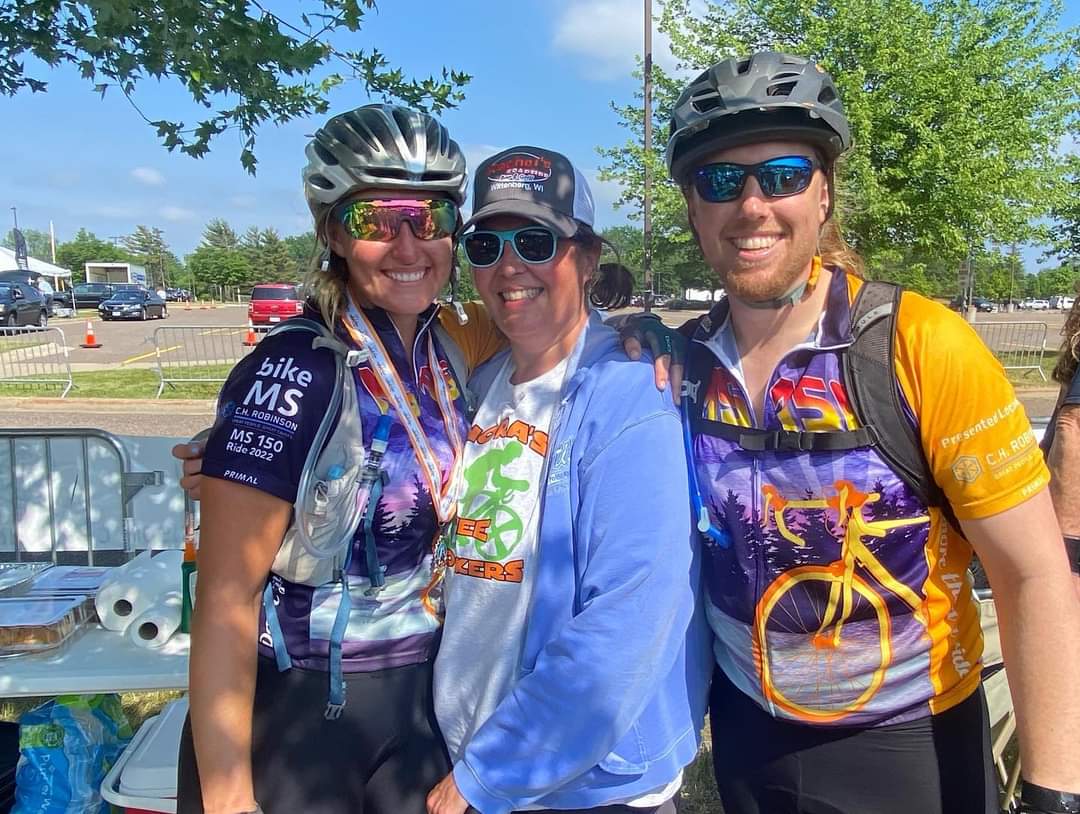 Three riders in Bike MS jerseys